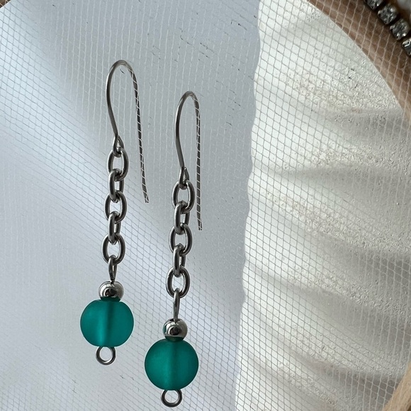 Hand Crafted Jewelry - BLUE-GREEN Sea Glass Beaded Stainless Steel Chain Earrings